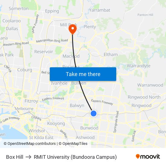 Box Hill to RMIT University (Bundoora Campus) map