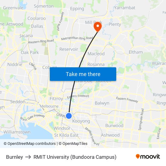 Burnley to RMIT University (Bundoora Campus) map