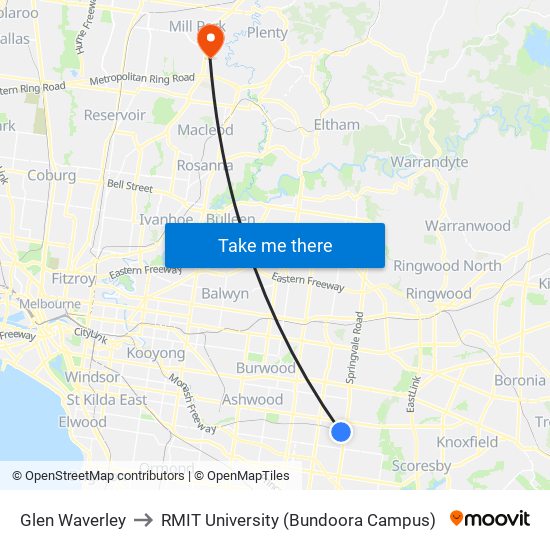 Glen Waverley to RMIT University (Bundoora Campus) map