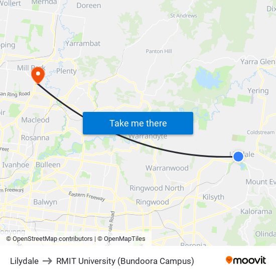 Lilydale to RMIT University (Bundoora Campus) map