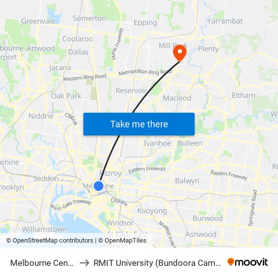 Melbourne Central to RMIT University (Bundoora Campus) map