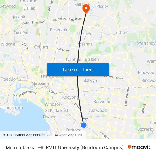 Murrumbeena to RMIT University (Bundoora Campus) map