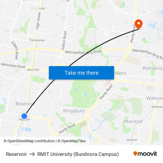 Reservoir to RMIT University (Bundoora Campus) map