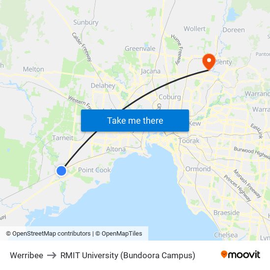 Werribee to RMIT University (Bundoora Campus) map
