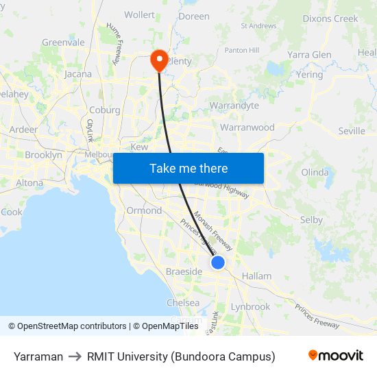 Yarraman to RMIT University (Bundoora Campus) map
