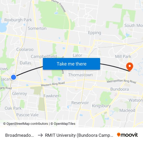 Broadmeadows to RMIT University (Bundoora Campus) map