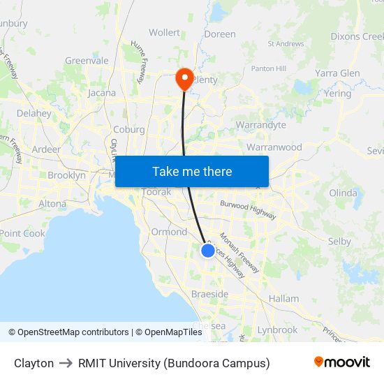 Clayton to RMIT University (Bundoora Campus) map