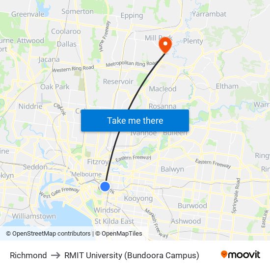 Richmond to RMIT University (Bundoora Campus) map