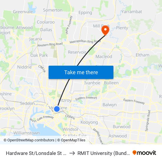 Hardware St/Lonsdale St (Melbourne City) to RMIT University (Bundoora Campus) map