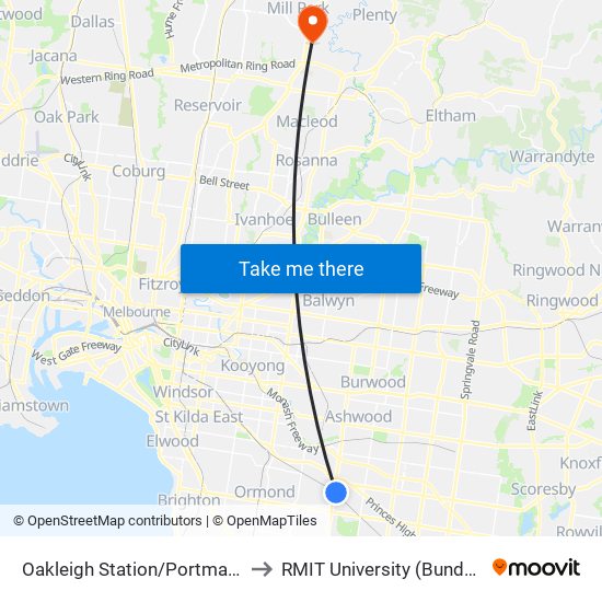 Oakleigh Station/Portman St (Oakleigh) to RMIT University (Bundoora Campus) map