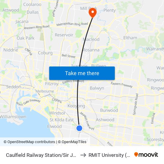Caulfield Railway Station/Sir John Monash Dr (Caulfield East) to RMIT University (Bundoora Campus) map