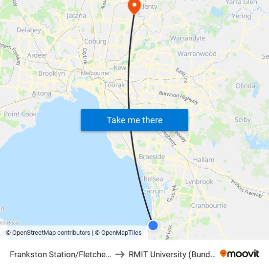 Frankston Station/Fletcher Rd (Frankston) to RMIT University (Bundoora Campus) map