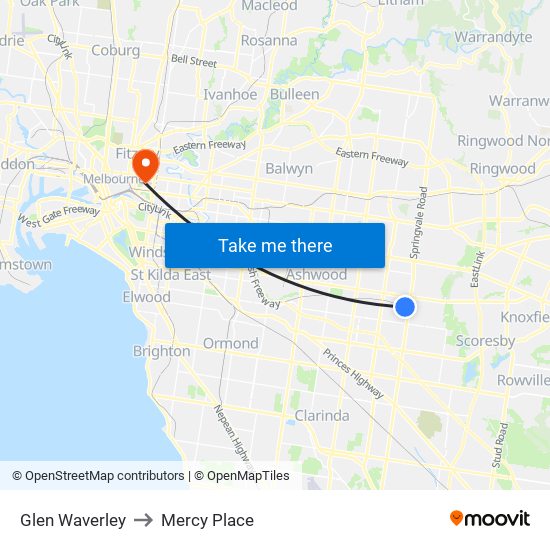 Glen Waverley to Mercy Place map
