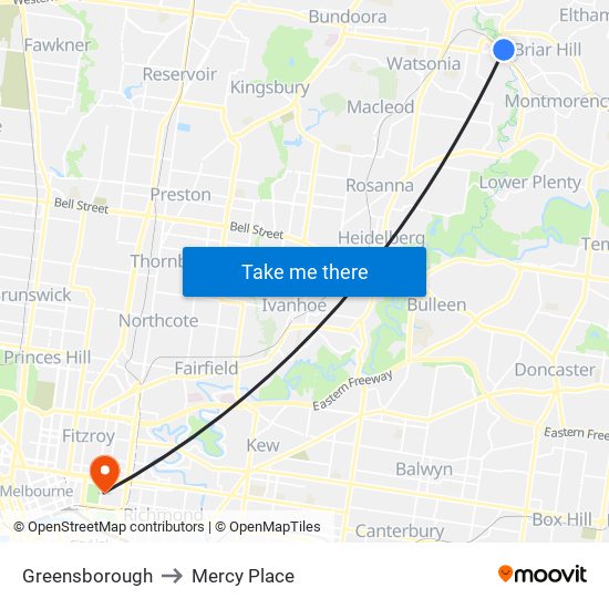 Greensborough to Mercy Place map