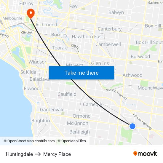 Huntingdale to Mercy Place map