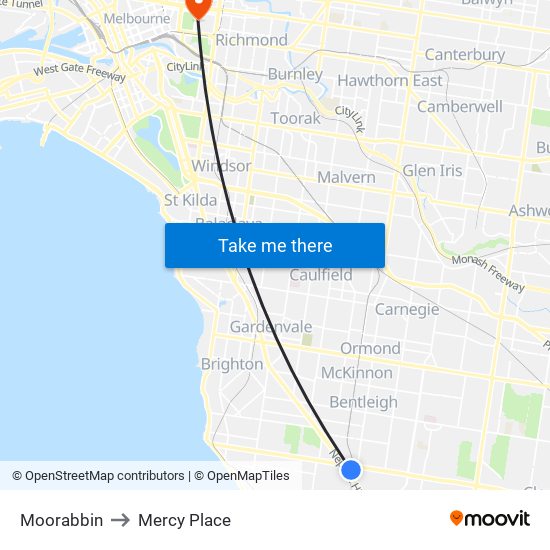 Moorabbin to Mercy Place map