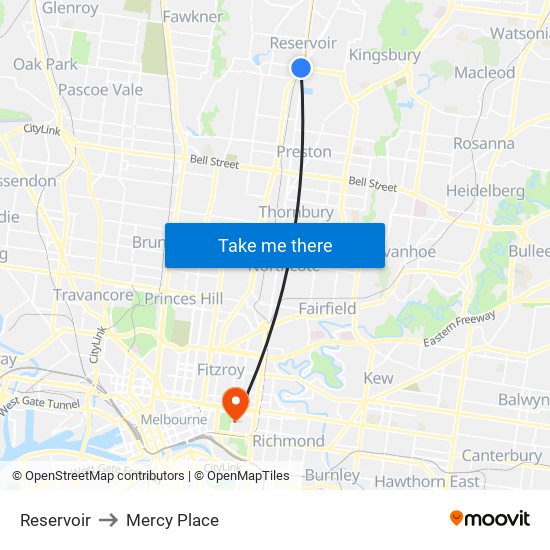 Reservoir to Mercy Place map