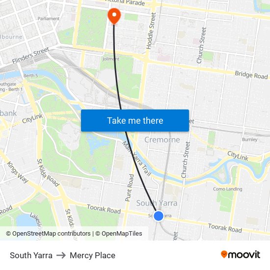 South Yarra to Mercy Place map