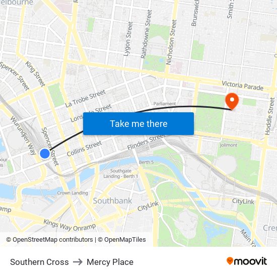 Southern Cross to Mercy Place map