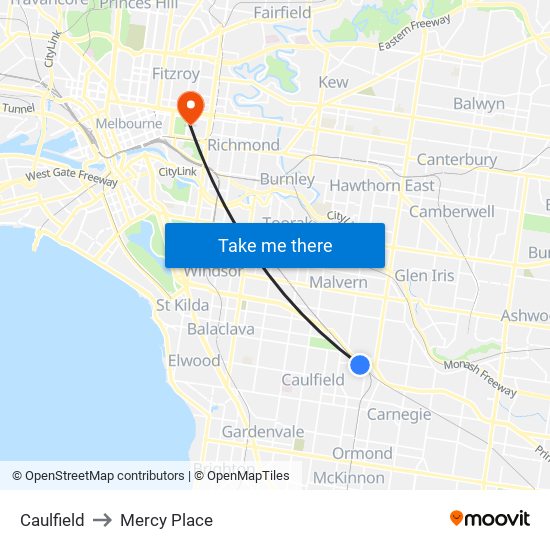 Caulfield to Mercy Place map