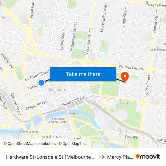 Hardware St/Lonsdale St (Melbourne City) to Mercy Place map