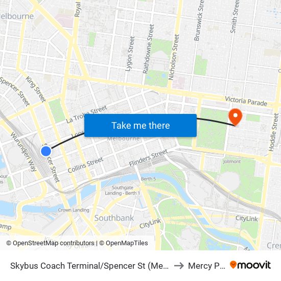 Skybus Coach Terminal/Spencer St (Melbourne City) to Mercy Place map