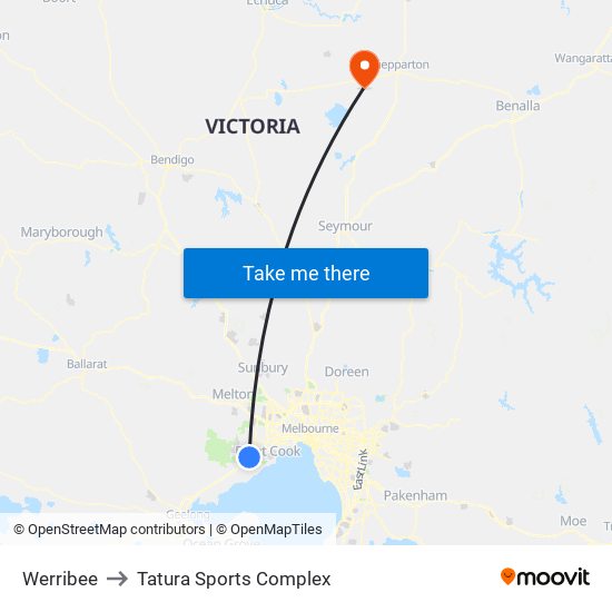 Werribee to Tatura Sports Complex map