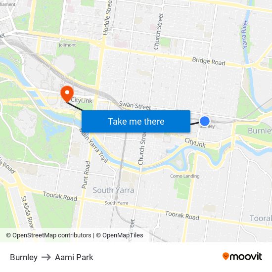 Burnley to Aami Park map