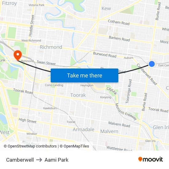 Camberwell to Aami Park map