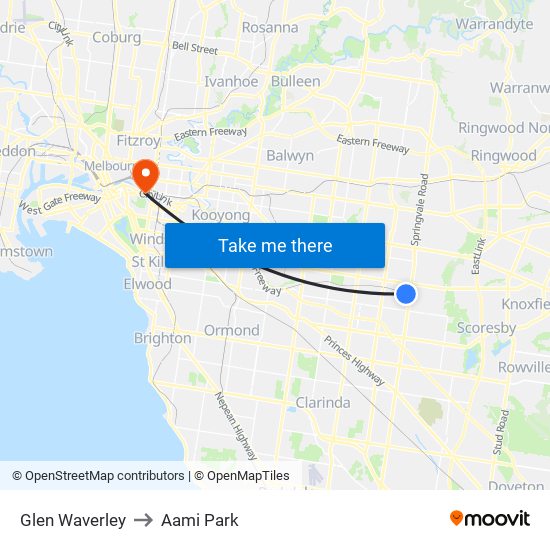Glen Waverley to Aami Park map