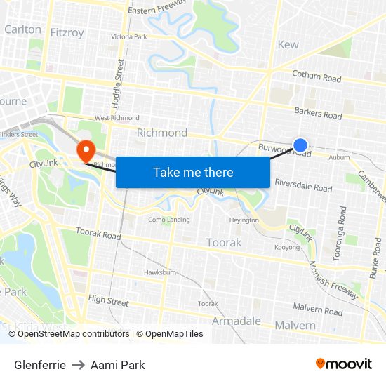 Glenferrie to Aami Park map