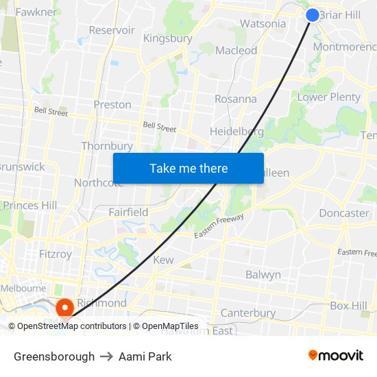 Greensborough to Aami Park map