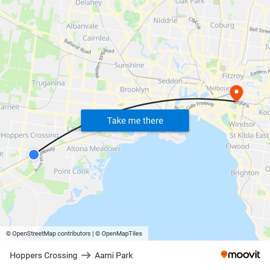 Hoppers Crossing to Aami Park map