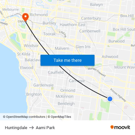 Huntingdale to Aami Park map