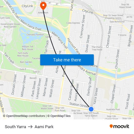 South Yarra to Aami Park map