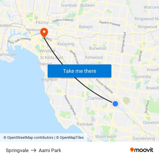 Springvale to Aami Park map