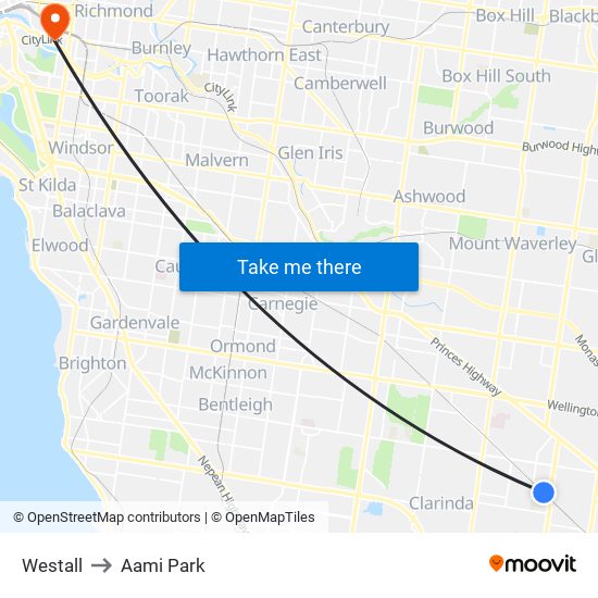 Westall to Aami Park map