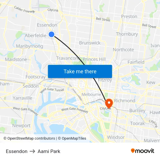 Essendon to Aami Park map