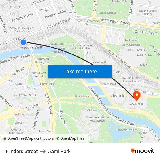 Flinders Street to Aami Park map