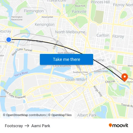 Footscray to Aami Park map