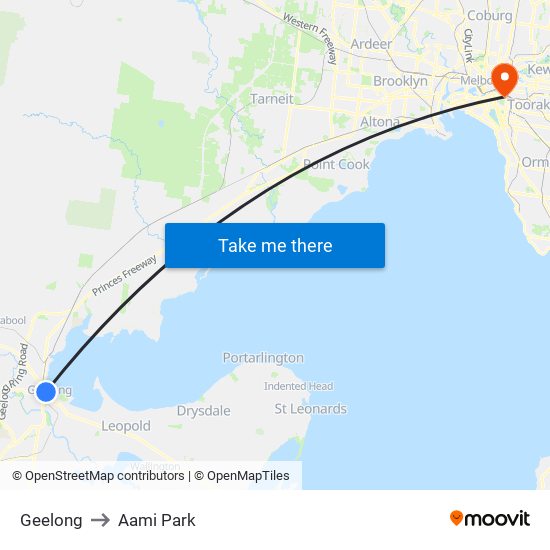 Geelong to Aami Park map