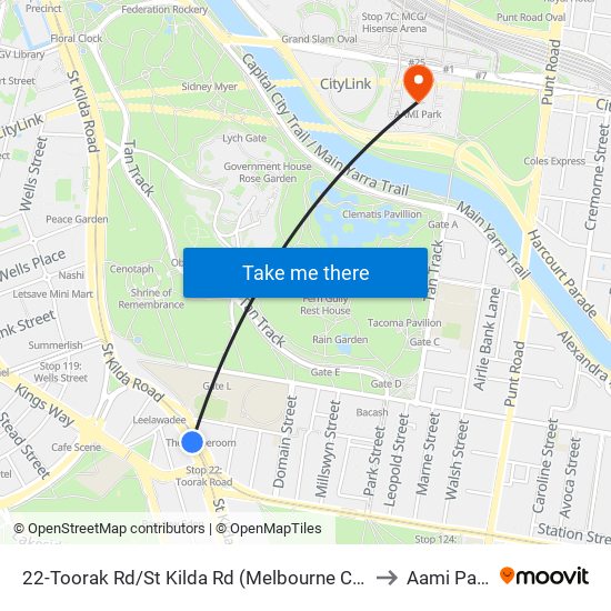 22-Toorak Rd/St Kilda Rd (Melbourne City) to Aami Park map