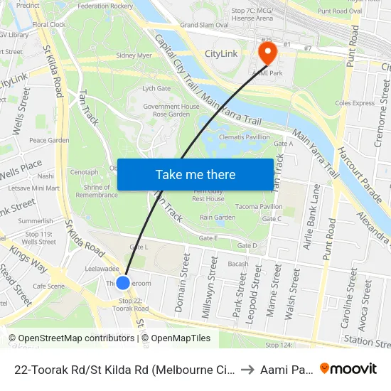Toorak Rd/St Kilda Rd #22 to Aami Park map
