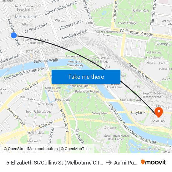 5-Elizabeth St/Collins St (Melbourne City) to Aami Park map