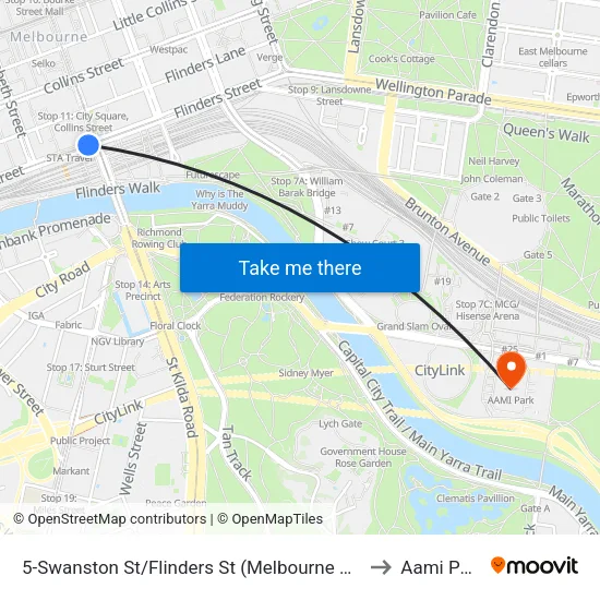 Swanston St/Flinders St #5 to Aami Park map