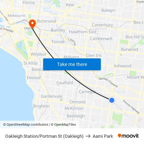 Oakleigh Station/Portman St (Oakleigh) to Aami Park map
