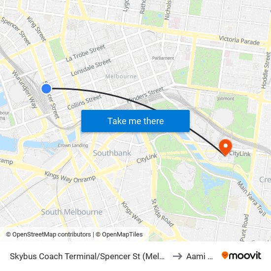 Skybus Coach Terminal/Spencer St (Melbourne City) to Aami Park map