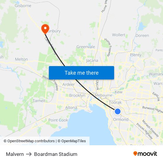 Malvern to Boardman Stadium map