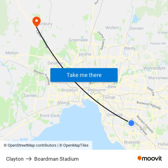 Clayton to Boardman Stadium map