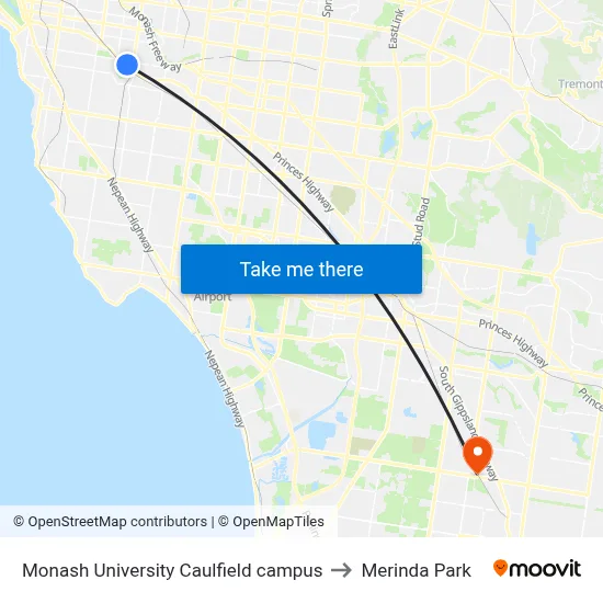 Monash University Caulfield campus to Merinda Park map